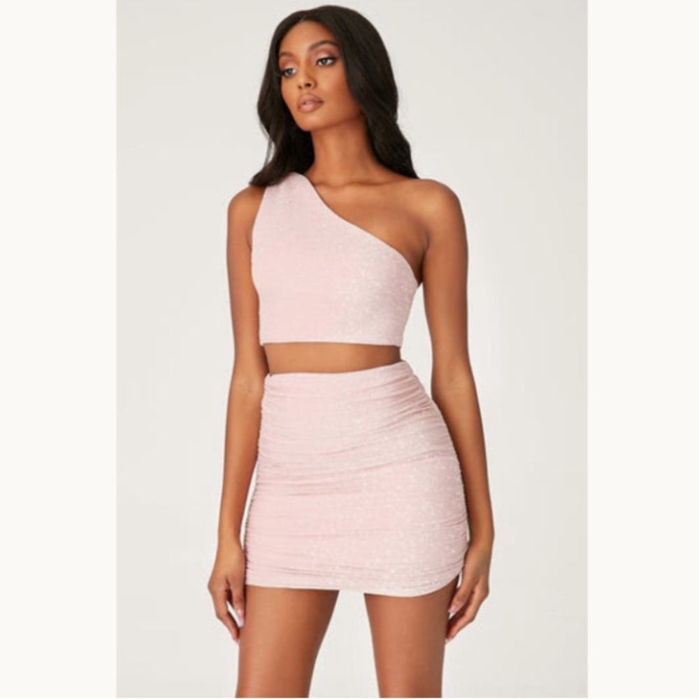 Meshki Marnie Ruched Mini Skirt- Baby Pink